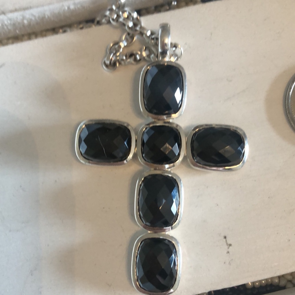 Faceted Black Stone Cross Pendant Necklace - Women Jewelry